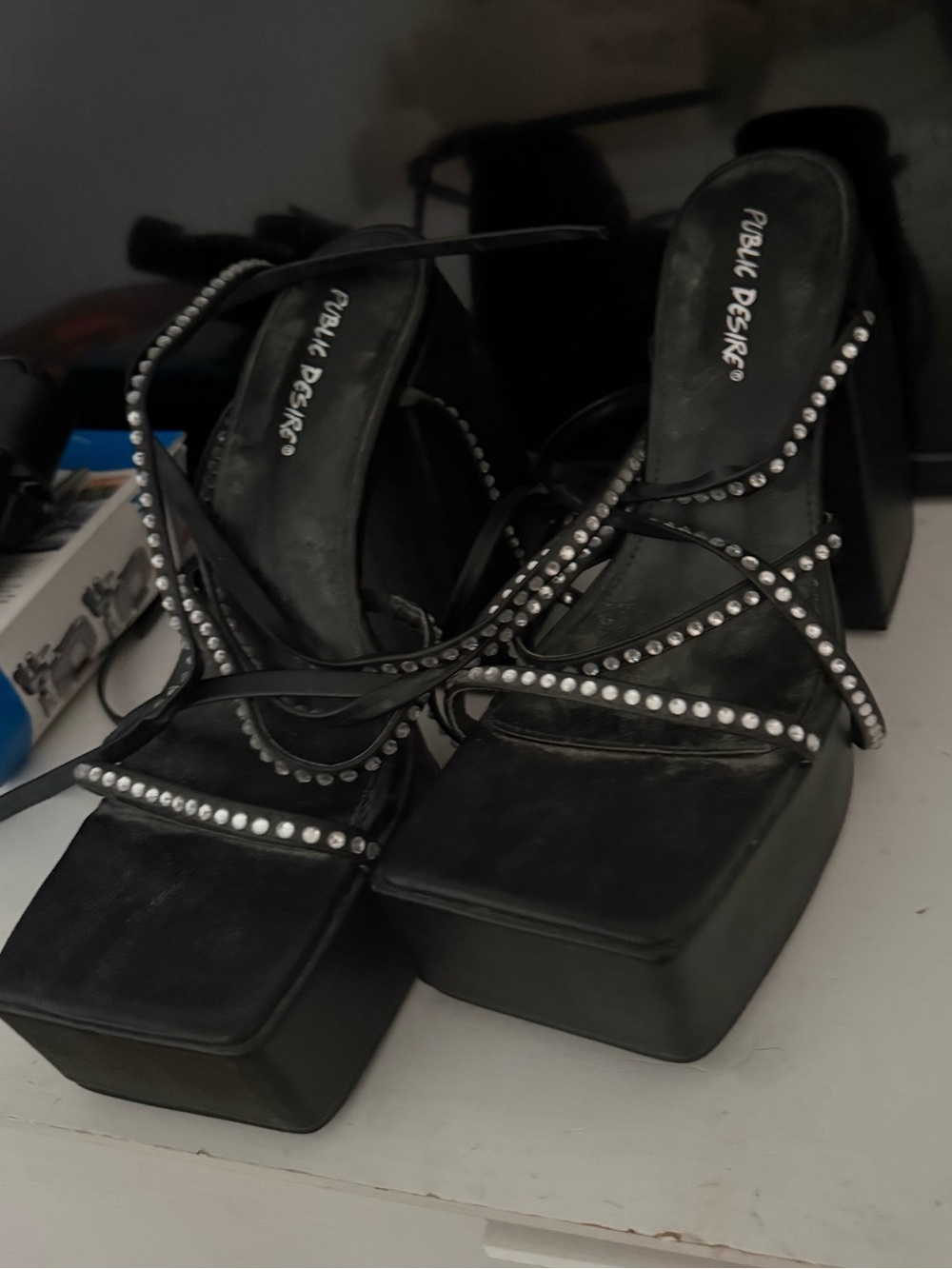 Public Desire Black Rhinestone Platform Sandals